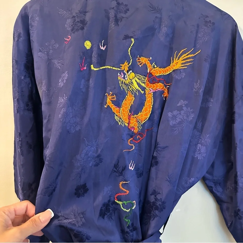Vintage Golden Bee Silk Blue Rayon Embroidered Dragon Kimono Robe Women’s XL